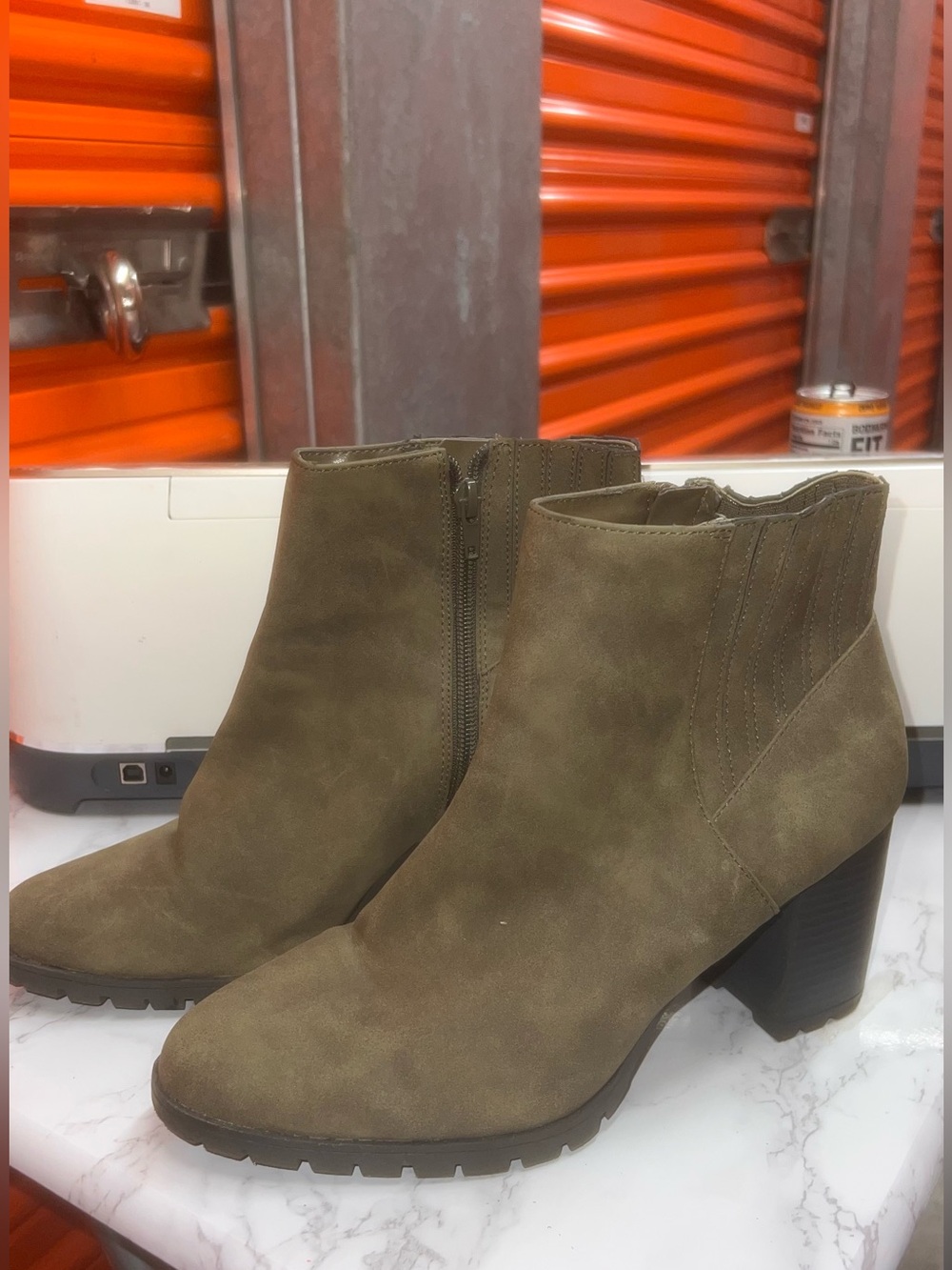 Olive Suede Ankle Side Zip Boots